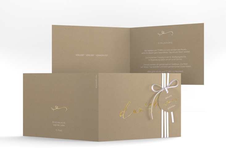 Hochzeitseinladung Zweisamkeit A6 Klappkarte quer Kraftpapier gold im minimalistischen Stil mit Aufschrift du & ich