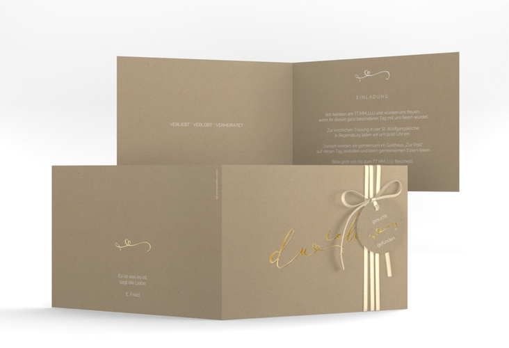 Hochzeitseinladung Zweisamkeit A6 Klappkarte quer Kraftpapier gold im minimalistischen Stil mit Aufschrift du & ich