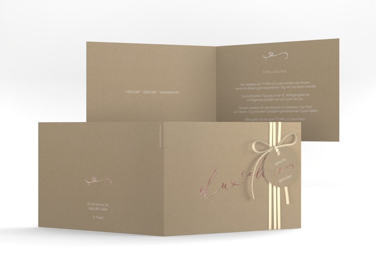 Hochzeitseinladung Zweisamkeit A6 Klappkarte quer Kraftpapier rosegold im minimalistischen Stil mit Aufschrift du & ich