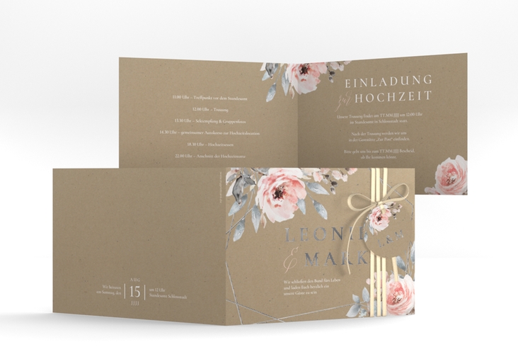 Hochzeitseinladung Perfection A6 Klappkarte quer Kraftpapier silber mit rosa Rosen