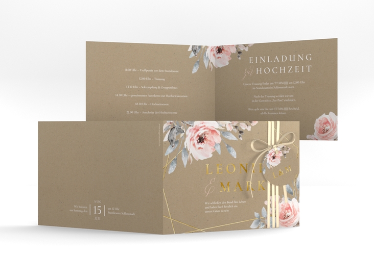 Hochzeitseinladung Perfection A6 Klappkarte quer Kraftpapier gold mit rosa Rosen