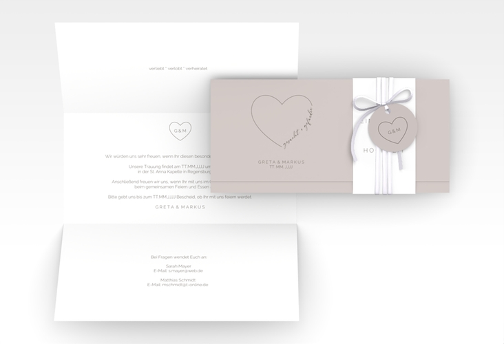Hochzeitseinladung Lebenstraum Wickelfalzkarte + Banderole grau