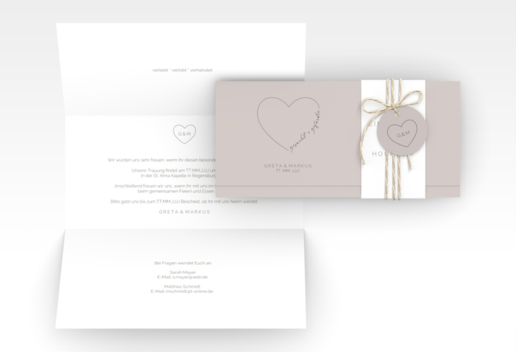 Hochzeitseinladung Lebenstraum Wickelfalzkarte + Banderole grau