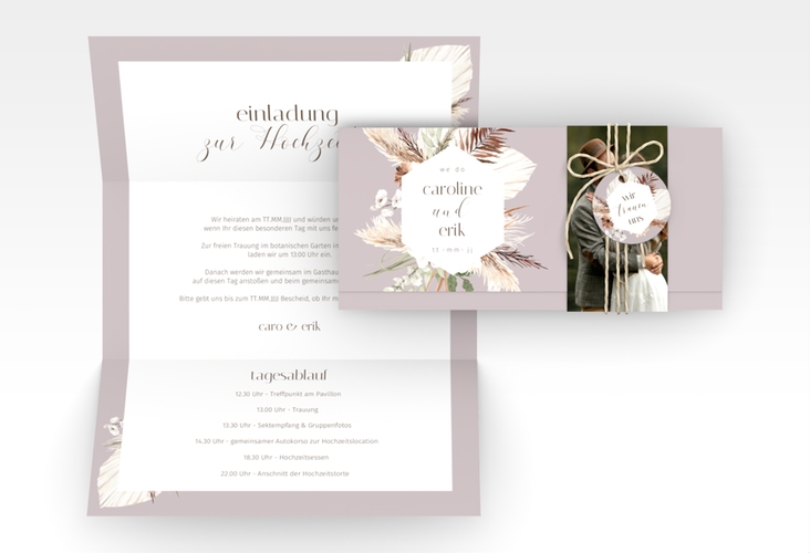 Hochzeitseinladung Bohemian Wickelfalzkarte + Banderole flieder