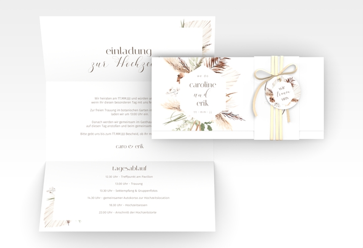 Hochzeitseinladung Bohemian Wickelfalzkarte + Banderole weiss