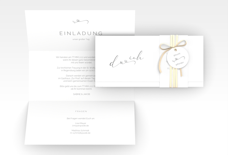Hochzeitseinladung Zweisamkeit Wickelfalzkarte + Banderole hochglanz im minimalistischen Stil mit Aufschrift du & ich