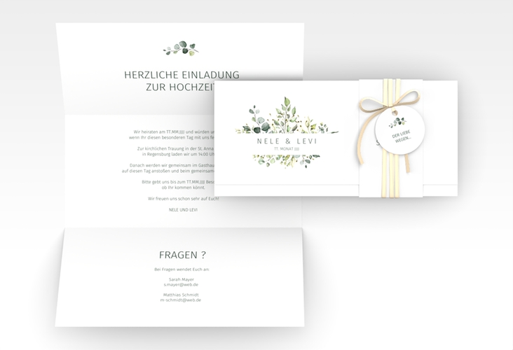 Hochzeitseinladung Enchanting Wickelfalzkarte + Banderole weiss