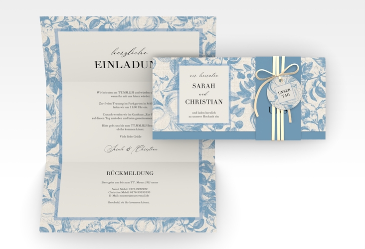 Hochzeitseinladung Toile Wickelfalzkarte + Banderole mit Blättermuster im Toile-de-Jouy-Stil