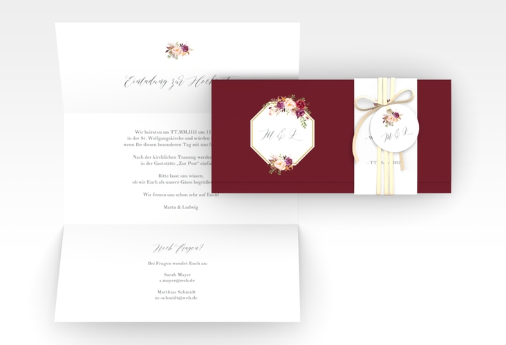 Hochzeitseinladung Prachtvoll Wickelfalzkarte + Banderole rot