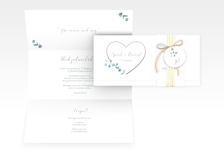 Hochzeitseinladung Greenheart Wickelfalzkarte + Banderole rosa mit elegantem Herz und Eukalyptus-Zweig