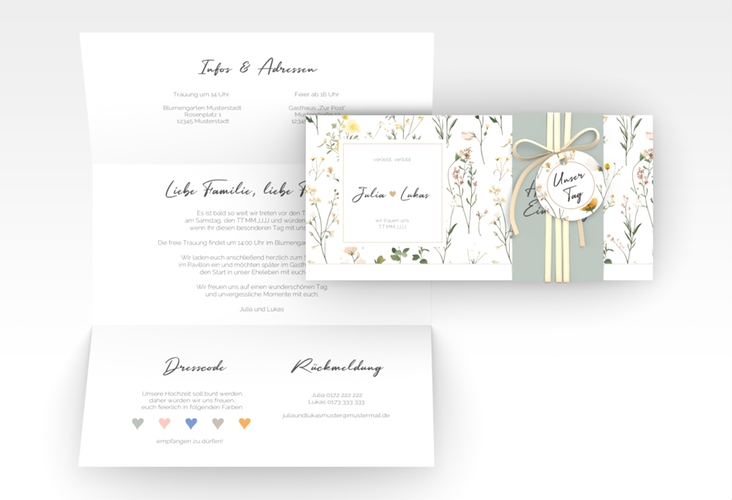 Hochzeitseinladung Blumenwiese Wickelfalzkarte + Banderole