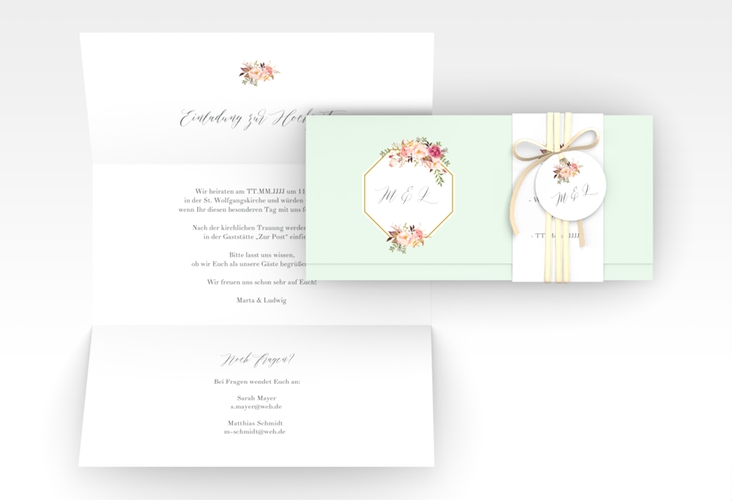 Hochzeitseinladung Prachtvoll Wickelfalzkarte + Banderole mint