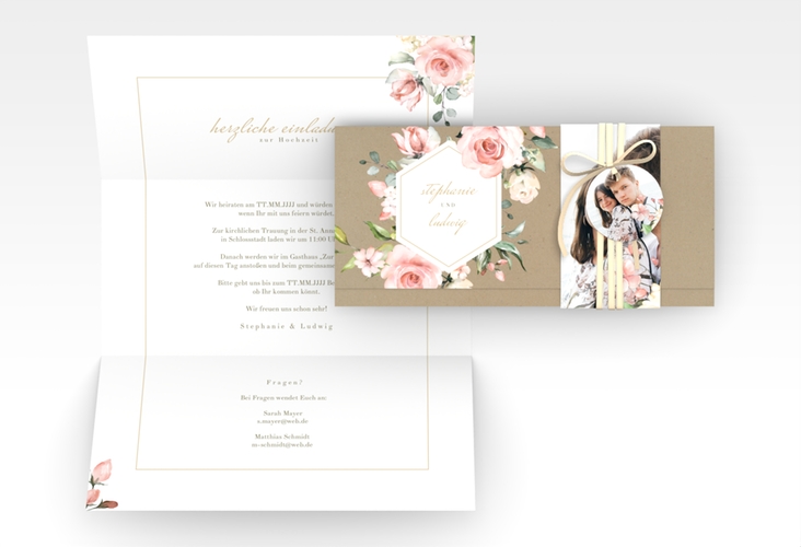 Hochzeitseinladung Graceful Wickelfalzkarte + Banderole Kraftpapier mit Rosenblüten in Rosa und Weiß