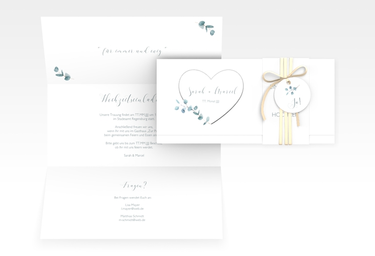 Hochzeitseinladung Greenheart Wickelfalzkarte + Banderole grau hochglanz mit elegantem Herz und Eukalyptus-Zweig