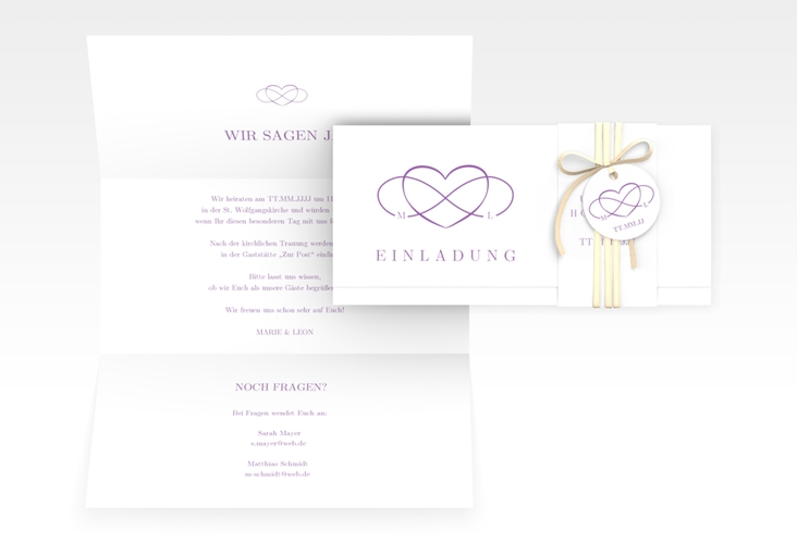 Hochzeitseinladung Infinity Wickelfalzkarte + Banderole lila