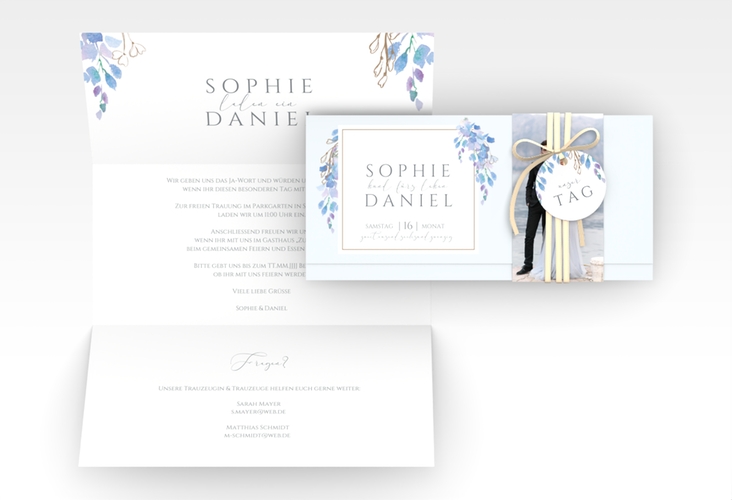 Hochzeitseinladung Blauregen Wickelfalzkarte + Banderole blau mit Wisteria-Blüten