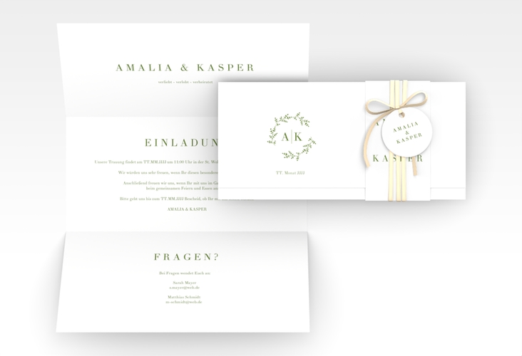 Hochzeitseinladung Filigrana Wickelfalzkarte + Banderole gruen hochglanz in reduziertem Design mit Initialen und zartem Blätterkranz