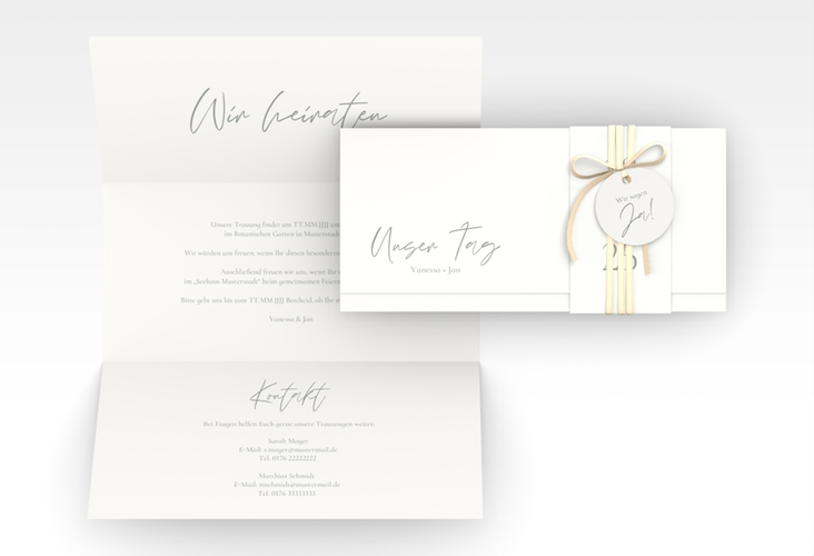 Hochzeitseinladung Day Wickelfalzkarte + Banderole weiss hochglanz mit Datum im minimalistischen Design