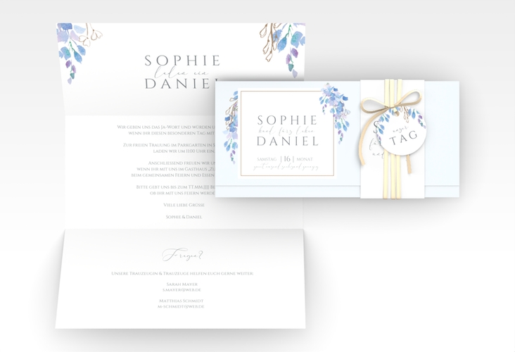 Hochzeitseinladung Blauregen Wickelfalzkarte + Banderole blau mit Wisteria-Blüten