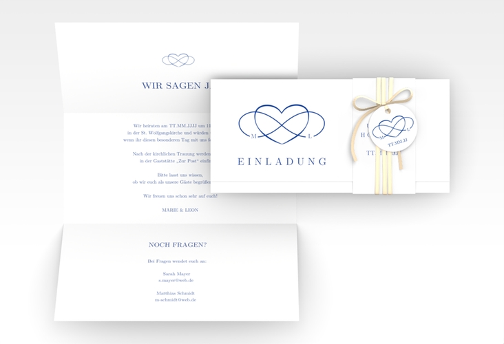 Hochzeitseinladung Infinity Wickelfalzkarte + Banderole blau