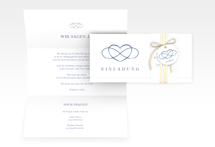 Hochzeitseinladung Infinity Wickelfalzkarte + Banderole blau hochglanz