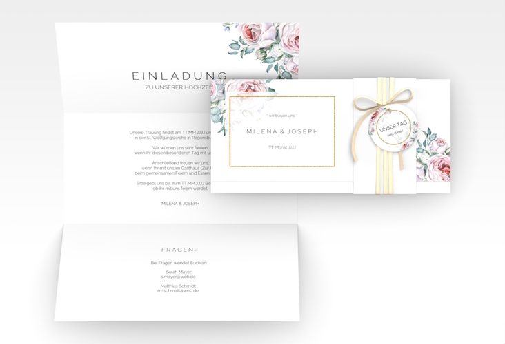 Hochzeitseinladung Embrace Wickelfalzkarte + Banderole weiss