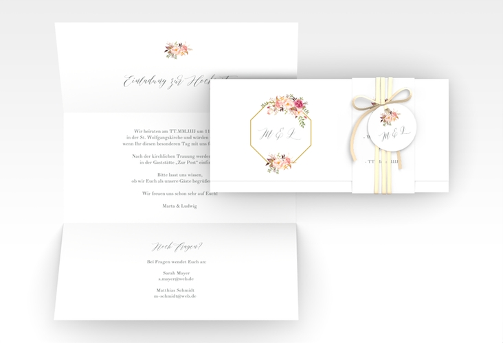 Hochzeitseinladung Prachtvoll Wickelfalzkarte + Banderole weiss