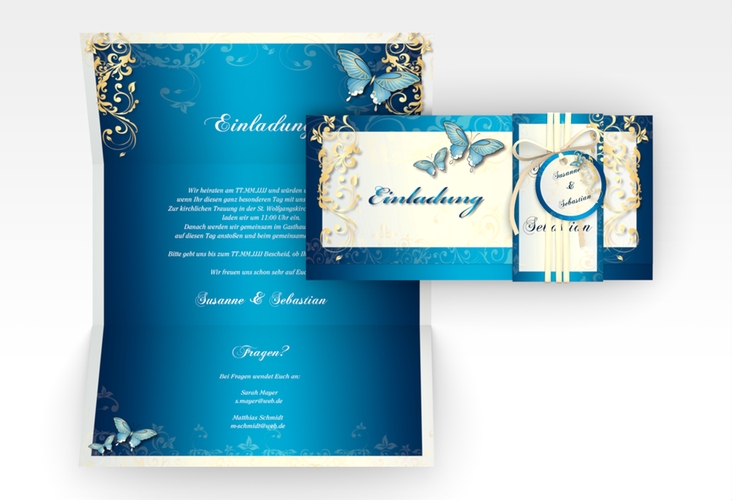 Hochzeitseinladung Toulouse Wickelfalzkarte + Banderole blau
