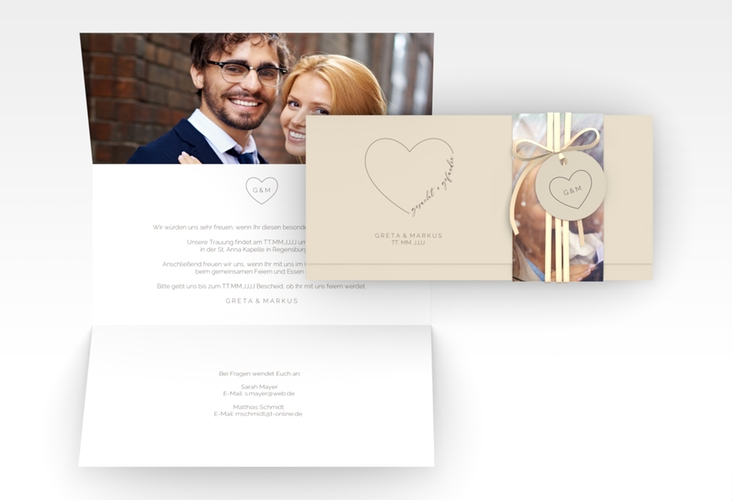 Hochzeitseinladung Lebenstraum Wickelfalzkarte + Banderole beige