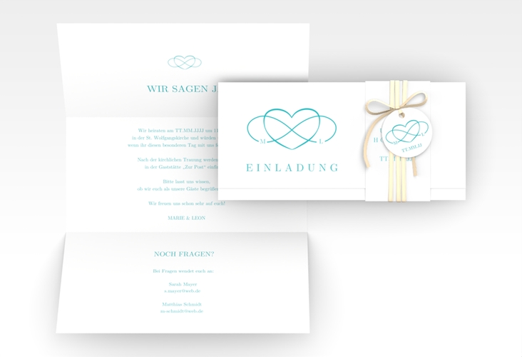 Hochzeitseinladung Infinity Wickelfalzkarte + Banderole tuerkis