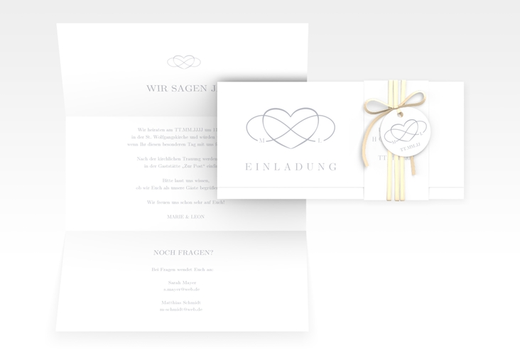 Hochzeitseinladung Infinity Wickelfalzkarte + Banderole grau