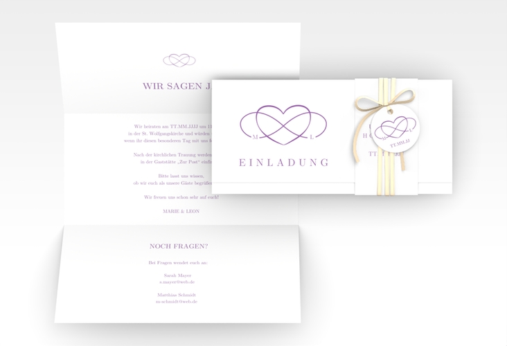 Hochzeitseinladung Infinity Wickelfalzkarte + Banderole lila