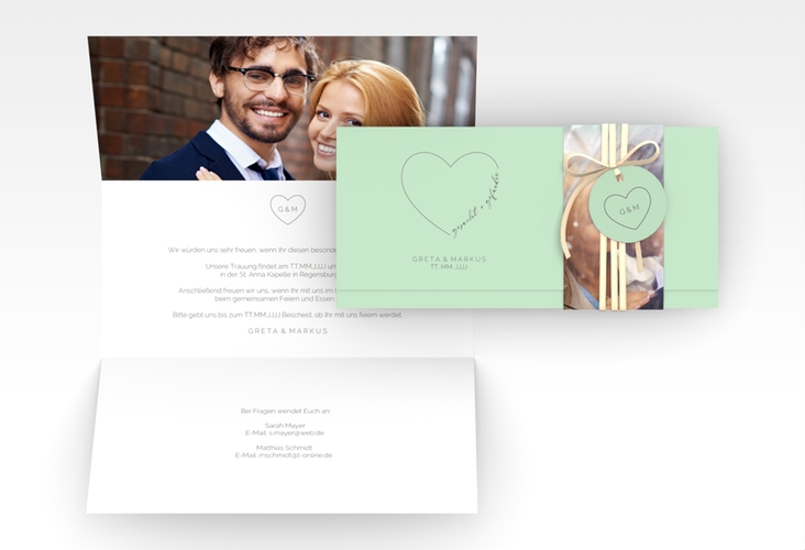 Hochzeitseinladung Lebenstraum Wickelfalzkarte + Banderole mint
