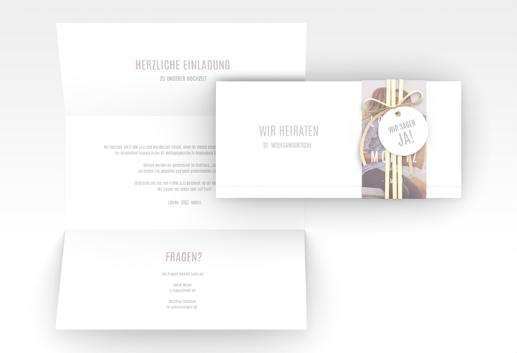 Hochzeitseinladung Memory Wickelfalzkarte + Banderole grau hochglanz