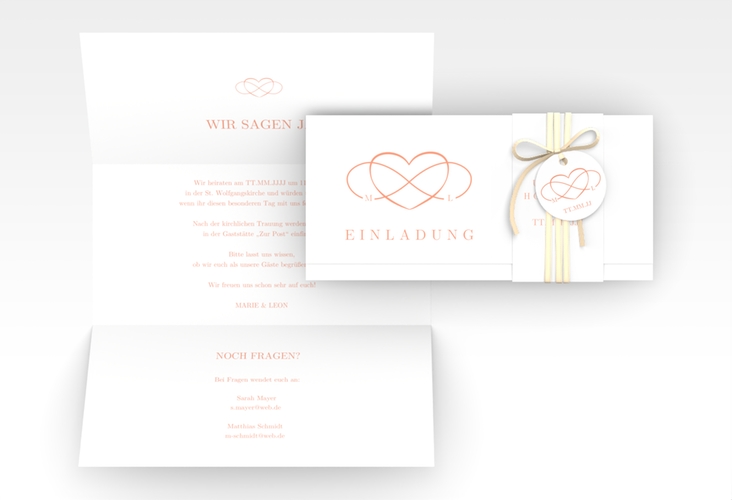 Hochzeitseinladung Infinity Wickelfalzkarte + Banderole apricot