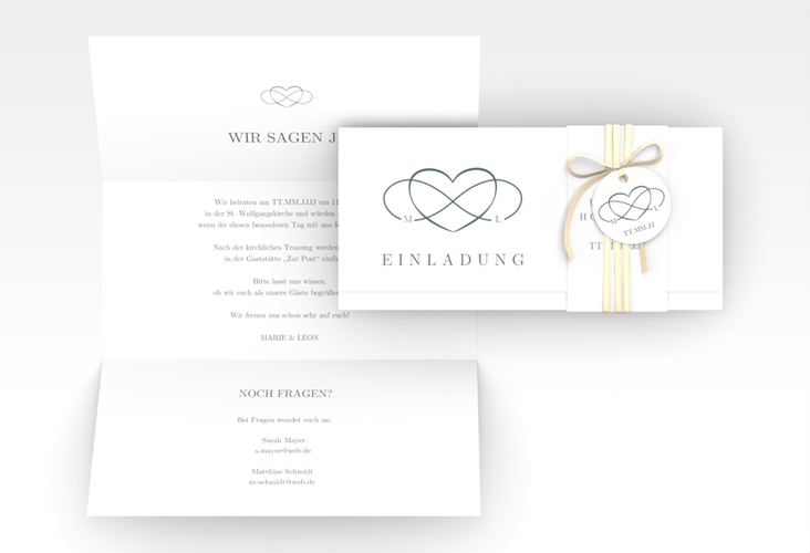 Hochzeitseinladung Infinity Wickelfalzkarte + Banderole gruen