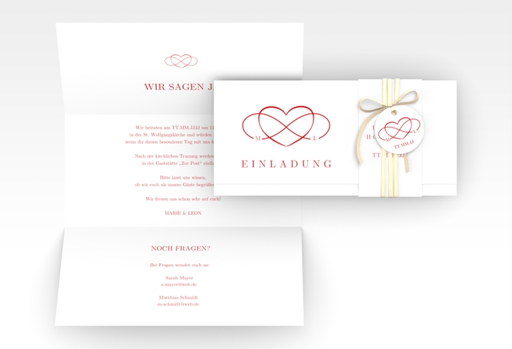 Hochzeitseinladung Infinity Wickelfalzkarte + Banderole rot