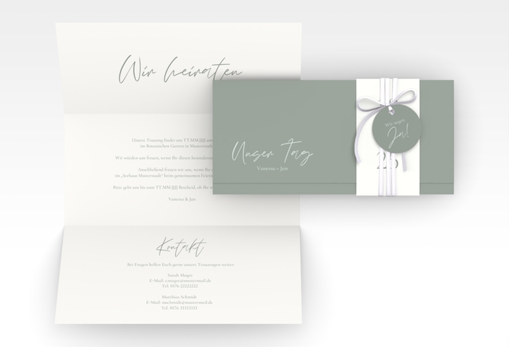 Hochzeitseinladung Day Wickelfalzkarte + Banderole gruen hochglanz mit Datum im minimalistischen Design