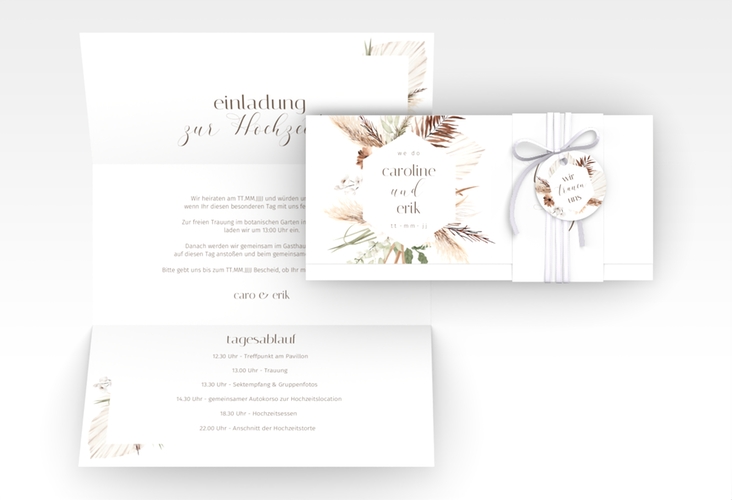 Hochzeitseinladung Bohemian Wickelfalzkarte + Banderole weiss
