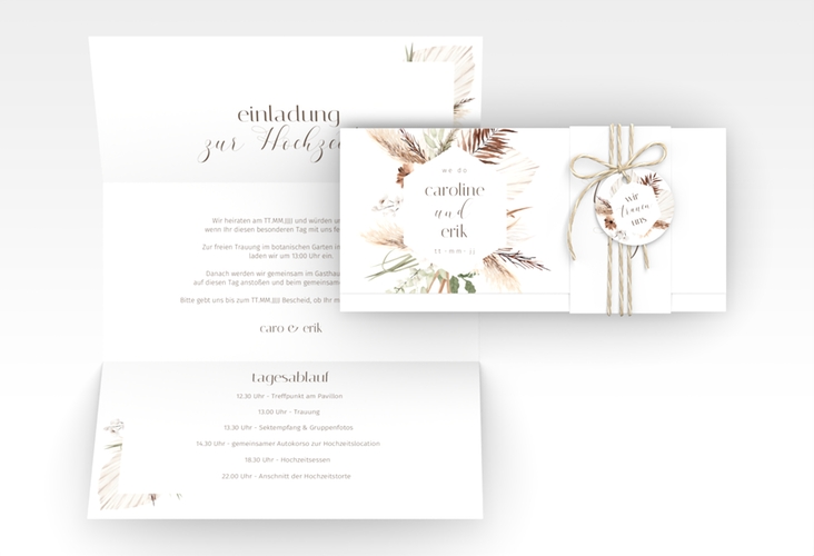 Hochzeitseinladung Bohemian Wickelfalzkarte + Banderole weiss