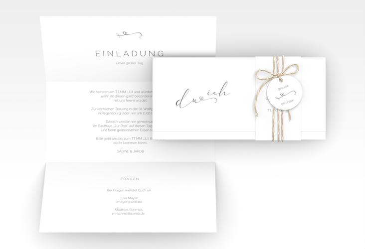 Hochzeitseinladung Zweisamkeit Wickelfalzkarte + Banderole weiss hochglanz im minimalistischen Stil mit Aufschrift du & ich