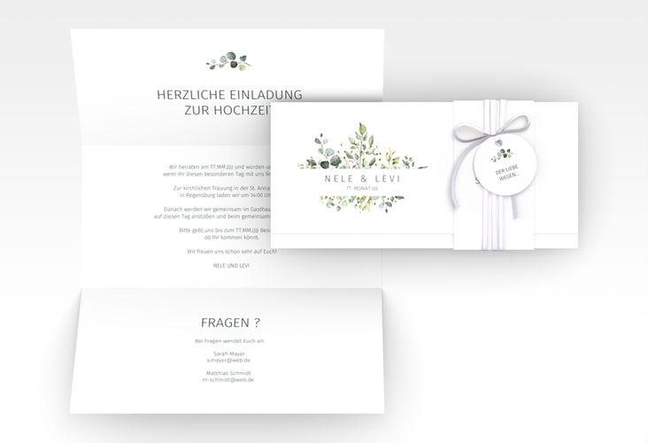Hochzeitseinladung Enchanting Wickelfalzkarte + Banderole weiss