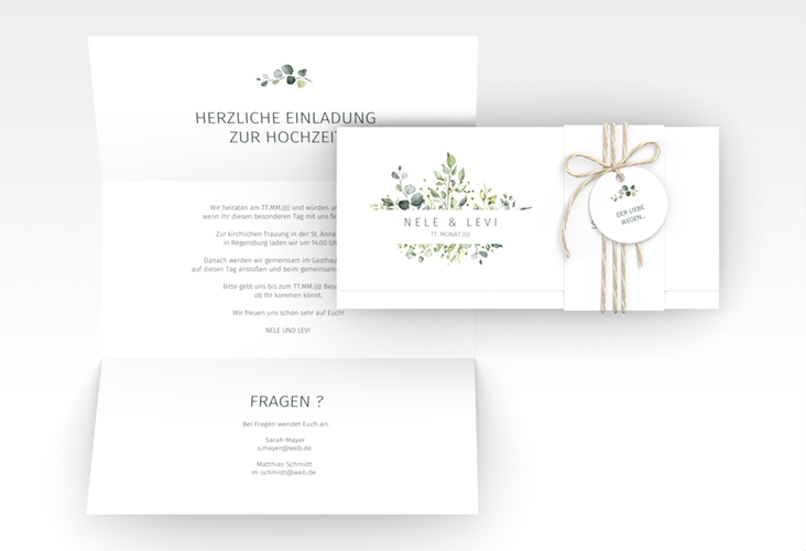 Hochzeitseinladung Enchanting Wickelfalzkarte + Banderole weiss