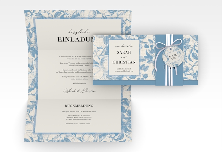 Hochzeitseinladung Toile Wickelfalzkarte + Banderole mit Blättermuster im Toile-de-Jouy-Stil