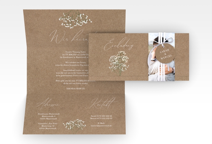 Hochzeitseinladung Schleierkraut Wickelfalzkarte + Banderole Kraftpapier