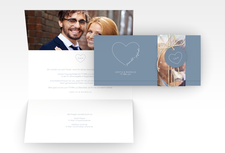 Hochzeitseinladung Lebenstraum Wickelfalzkarte + Banderole blau