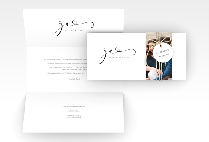 Hochzeitseinladung Jawort Wickelfalzkarte + Banderole weiss hochglanz modern minimalistisch mit veredelter Aufschrift