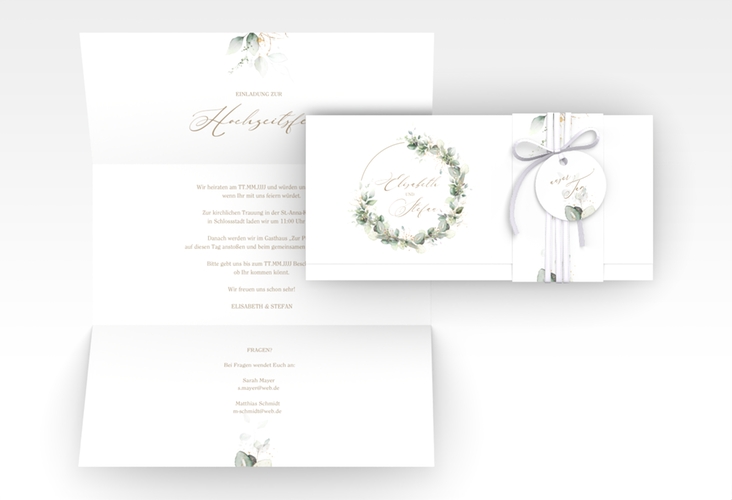 Hochzeitseinladung Selvatica Wickelfalzkarte + Banderole weiss mit Eukalyptus-Kranz