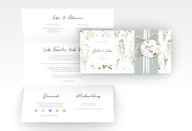Hochzeitseinladung Blumenwiese Wickelfalzkarte + Banderole