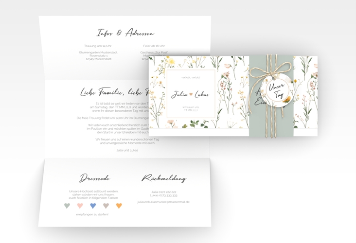 Hochzeitseinladung Blumenwiese Wickelfalzkarte + Banderole
